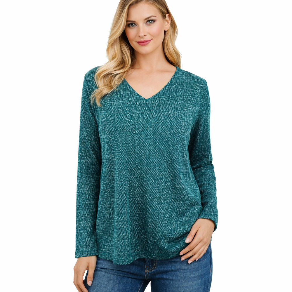 Chicos Teal Blue Knit Tunic Top A-line Side pockets Artsy Lagenlook Size 3 = XL